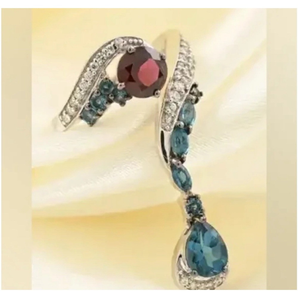 Orissa 925 Sterling Silver  London Blue Topaz and Rhodolite Garnet Ring. Sz 8.75